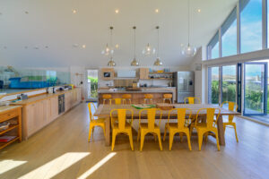 Open plan kitchen and dining area at Blue Seas