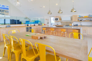 Large open plan kitchen and dining area at Blue Seas