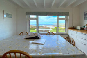 Dining area at The Buck with window with views toward the beach and ocean
