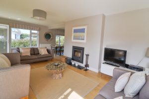 Lounge area at Herongate showing wood burner and television
