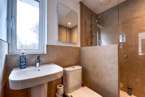 Shower room off the back lobby at Tregarne with shower cubicle and wash basin and toilet
