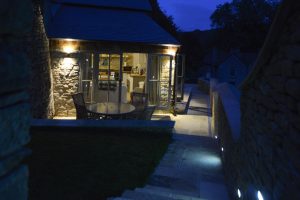 The garden at Pensile House Cottage at night time