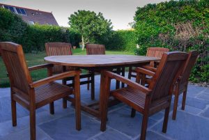 Dining table in the rear garden at Penpor