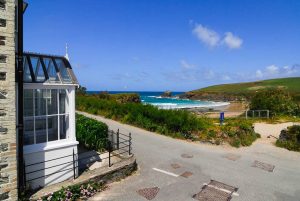 View across the beach and ocean from the lane to the side of the house at Santa Marina