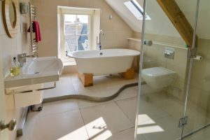 Bathroom on the second floor at Santa Marina with freestanding bath, toilet shower cubicle and wash hand basin