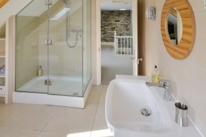 Bathroom on the second floor at Santa Marina showing shower cubicle and wash hand basin