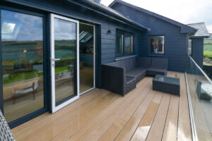 The balcony at Torridon accessible via large glass doors from the sitting area.