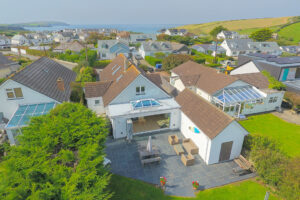 Ariel shot of Rumah Panjang with views to the coast