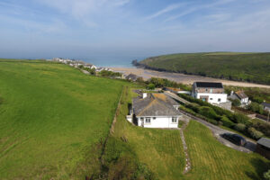 Aerial view over 't Sandt toward the beach and ocean