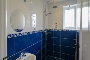 Toilet and shower room at 't Sandt with waterfall showerhead, wash hand basin with wall hung morror.