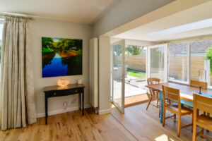 Dining area with double doors to the patio at San Marcos