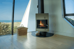 The woodburner in the corner of the lounge at Spin