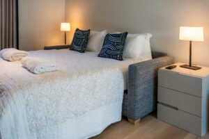 The made up sofa bed in the area off the games room at Spin