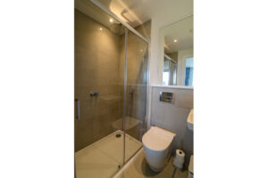 Ensuite shower room from the superking bedroom at Quiescence with shower cubicle, toilet and wash hand basin