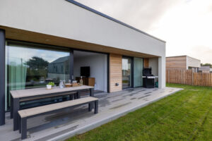 Patio at The Look Out with picnic table and benches and barbeque