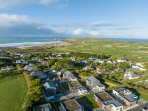 View over Constantine Bay village with the golf course and Trevose Head in the the background