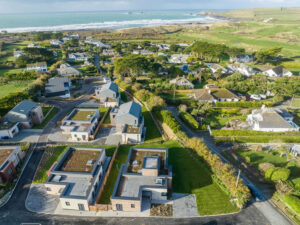 View over Constantine Bay village with the golf course and Trevose Head in the the background