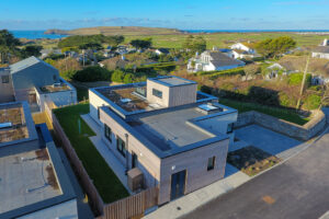 Aerial view over The Look Out with Trevose Head in the distance