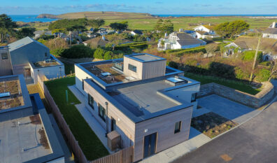 Aerial view over The Look Out with Trevose Head in the distance