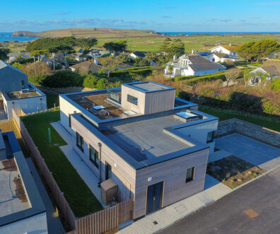 Aerial view over The Look Out with Trevose Head in the distance