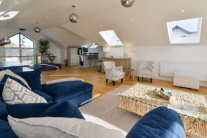 Open plan lounge, dining area and kitchen on the first floor at Morwynsow
