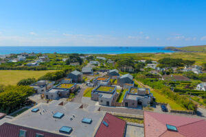 Aerial view from The View over the village towards the ocean