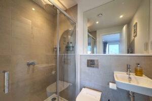 Bathroom with walk in shower, toilet, basin and mirror.