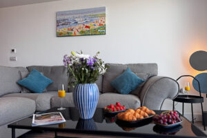 Sofa and coffee table in the living area at No 2 Treglos