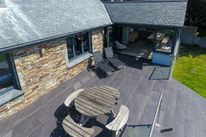 Aerial view over patio with outside dining furniture